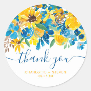Thank you script rustic yellow sunflowers blue classic round sticker