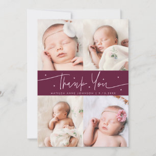 Thank You Script Stars Cranberry Photo Grid Birth Announcement