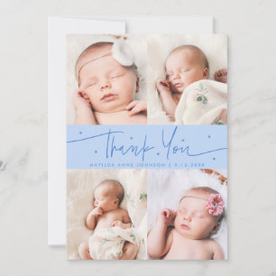 Thank You Script Stars Icy Blue Photo Grid Birth Announcement
