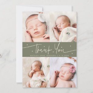 Thank You Script Stars Sage Green Photo Grid Birth Announcement