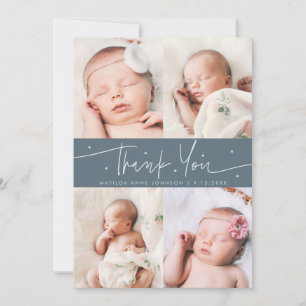 Thank You Script Stars Slate Blue Photo Grid Birth Announcement