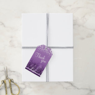 Thank you script white snow and purple trees art gift tags
