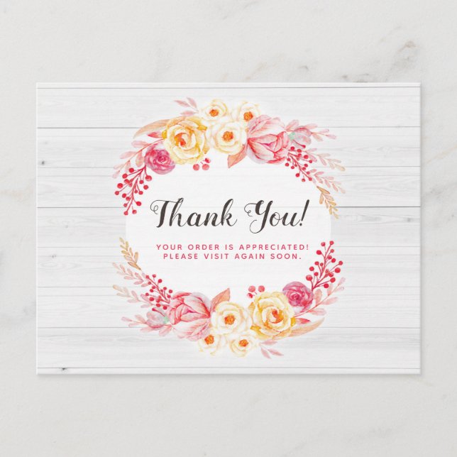 Thank You Shabby Chic Roses & Rustic Wood Floral Postcard (Front)