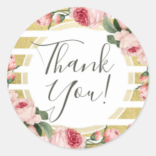 Thank You Shabby Chic Vintage Roses & Gold Stripes Classic Round Sticker
