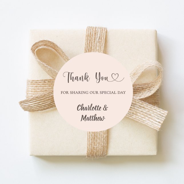 Thank you sharing our day blush pink taupe wedding classic round sticker (Creator Uploaded)