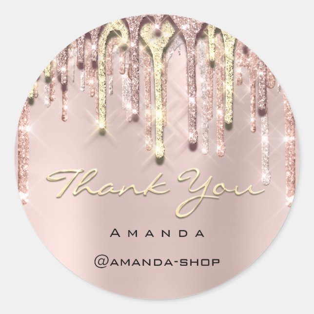 Thank You Shopping Busines Rose Glitter Drip Gold Classic Round Sticker (Front)