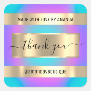 Thank You Shopping Custom Holograph Pink Blue Square Sticker