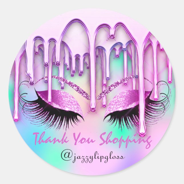 Thank You Shopping Drips Pink Eyes Holograph Classic Round Sticker (Front)