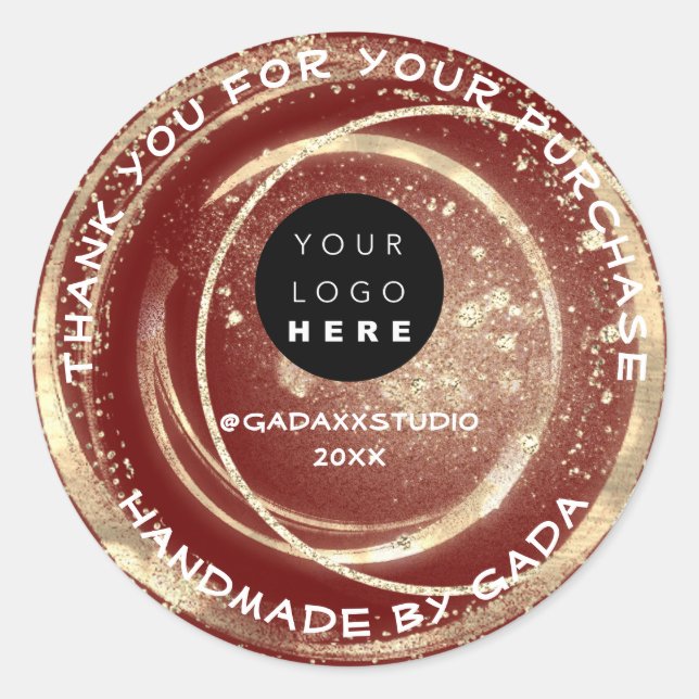 Thank You Shopping Handmade Logo Burgundy Gold  Classic Round Sticker (Front)