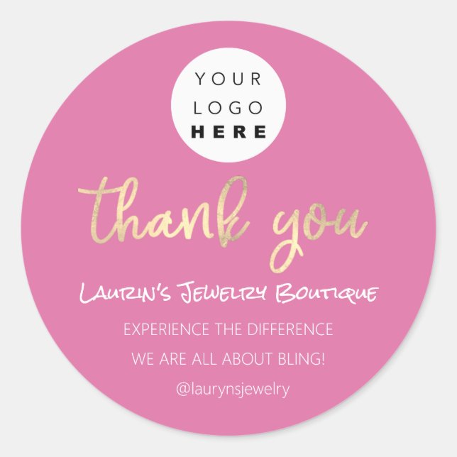 Thank You Shopping Name Logo  QR Code Script Pink Classic Round Sticker (Front)