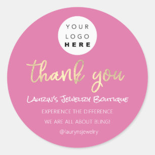 Thank You Shopping Name Logo QR Code Script Pink Classic Round Sticker