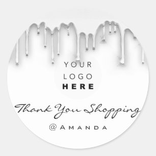 Thank You Shopping Name Logo White Silver Classic Round Sticker