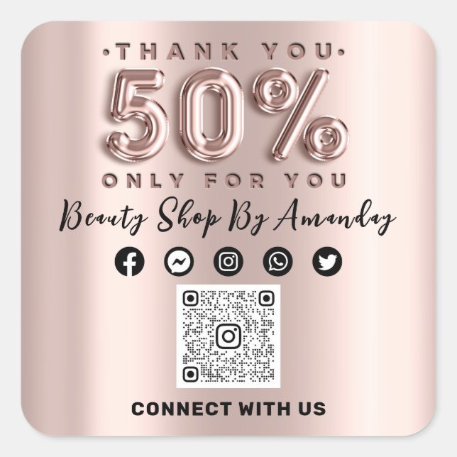 Thank You Shopping Rose 50%Off QR CODE Online  Square Sticker (Front)