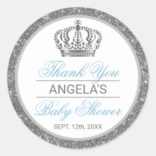 Thank You Silver Blue Prince Crown Baby Shower Classic Round Sticker