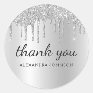 Thank You Silver Dripping Glitter Classic Round Sticker