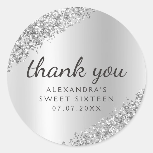 Thank You Silver Glitter Girly Sweet 16 Classic Round Sticker (Front)