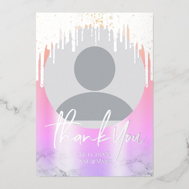 Thank You Silver Holographic Glitter Drips Photo Foil Holiday Card (Front)