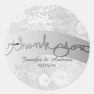 "Thank you" Silver Wedding Floral Ribbon Classic Round Sticker