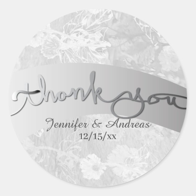 "Thank you" Silver Wedding Floral Ribbon Classic Round Sticker (Front)