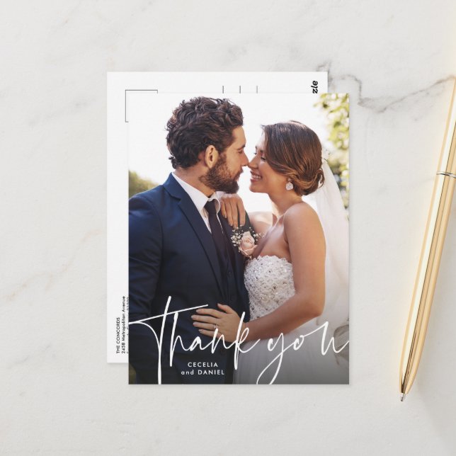 Thank you simple script wedding photo postcard (Front/Back In Situ)