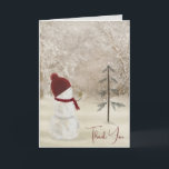 Thank You Snowman with Christmas star Card<br><div class="desc">Snowman with red cap and scarf holding a Christmas gold star decoration for an old pine tree in winter woods.
All text can be changed.</div>