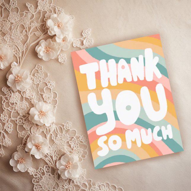 THANK YOU SO MUCH Pastel Rainbow Stripes CUSTOM  Postcard (Pastel rainbow stripes thank you handlettering bubble letters custom postcard)