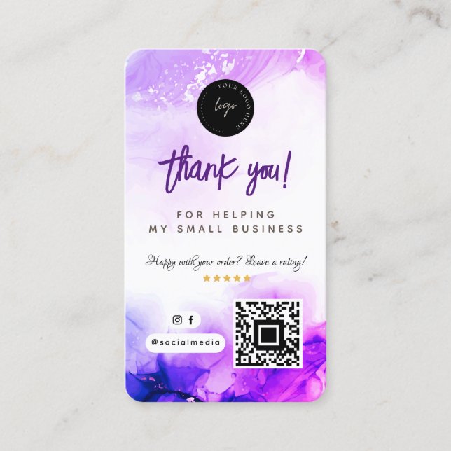 Thank You Social Media QR Code and Logo Purple Business Card (Front)