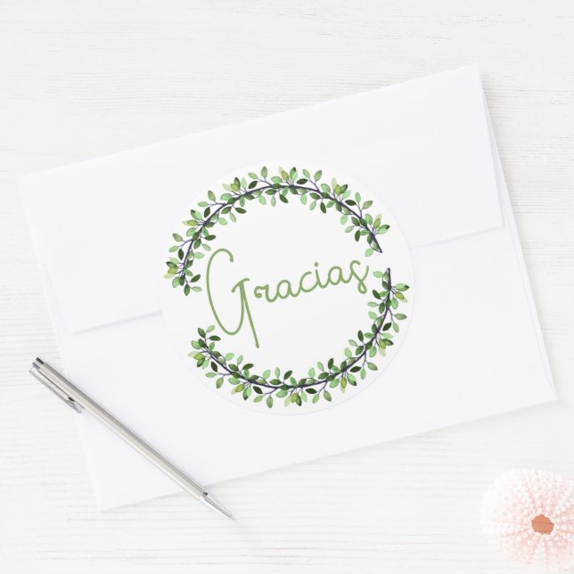 Thank You Spanish Gracias Green Typography Wreath Classic Round Sticker (Envelope)