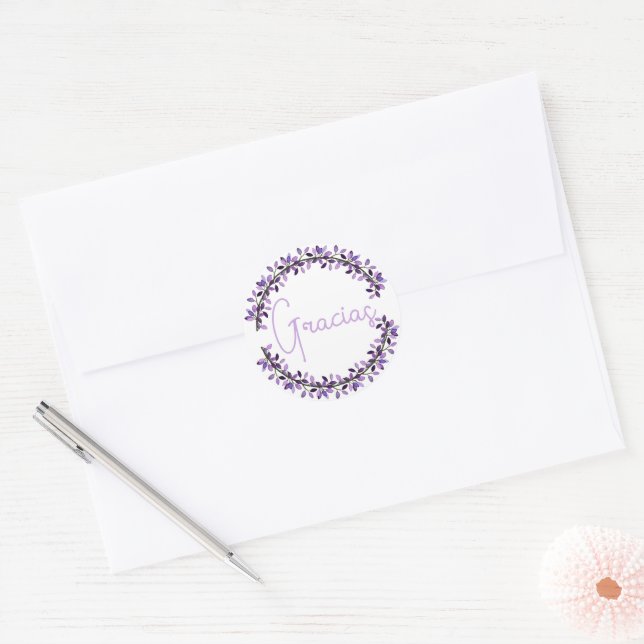 Thank You Spanish Gracias Violet Typography Wreath Classic Round Sticker (Envelope)
