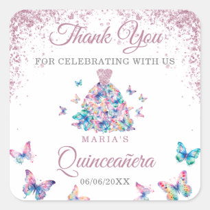 Thank You Sparkling Butterflies Gown Quinceanera Square Sticker