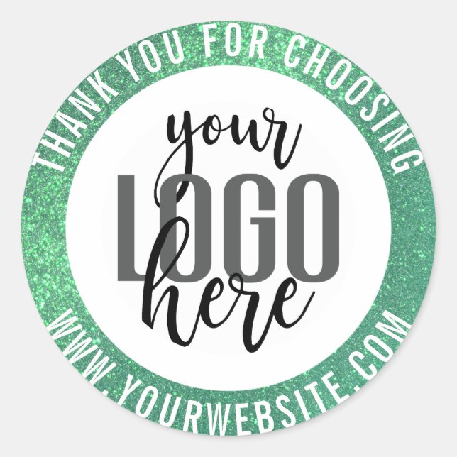 Thank You Sparkly Green Glitter Business Logo Classic Round Sticker (Front)