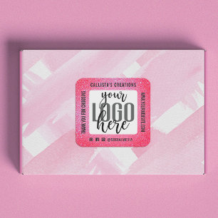 Thank You Sparkly Neon Pink Glitter Business Logo Square Sticker