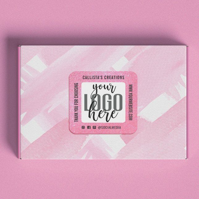 Thank You Sparkly Pink Glitter Business Logo Square Sticker (Creator Uploaded)