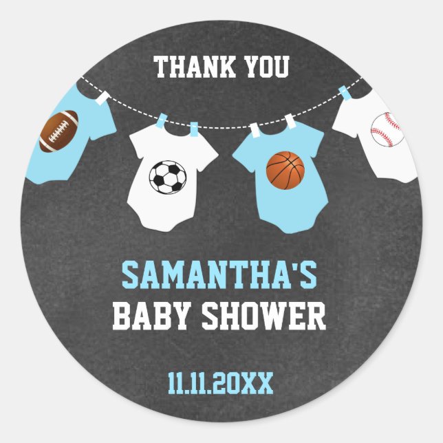 Thank You Sports Theme Baby Shower Chalkboard Boy Classic Round Sticker (Front)