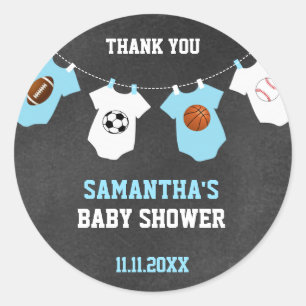Thank You Sports Theme Baby Shower Chalkboard Boy Classic Round Sticker