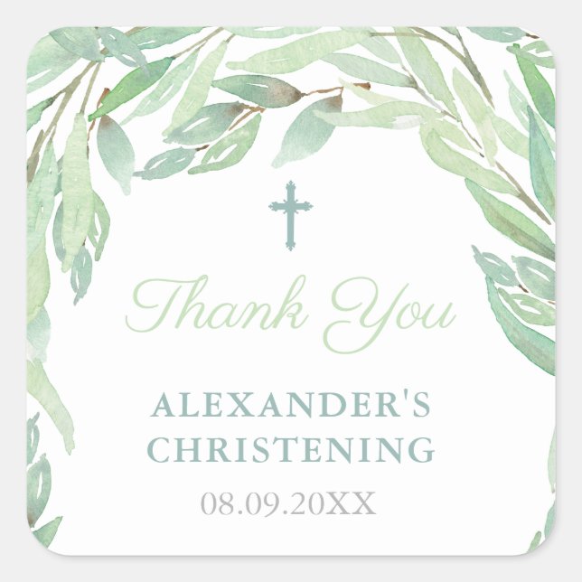 Thank You Spring Greenery Baptism or Christening Square Sticker (Front)