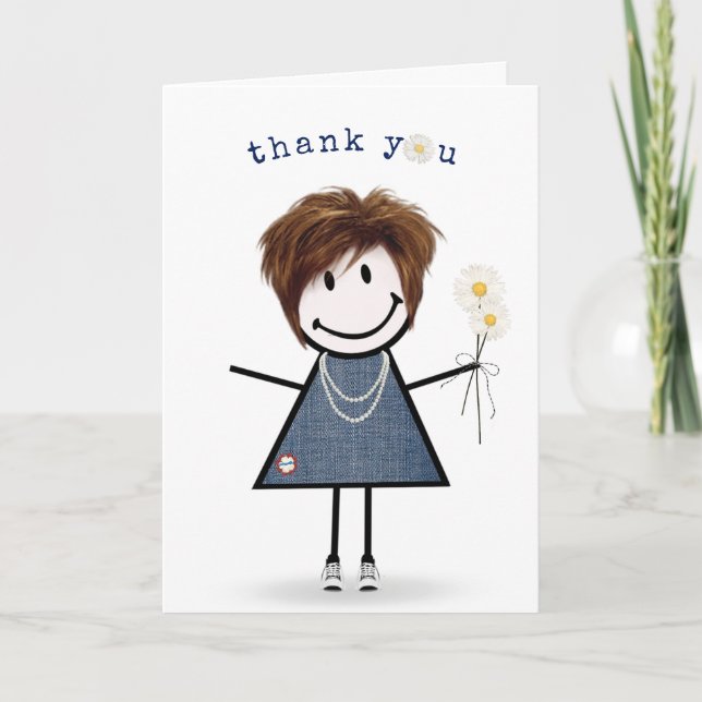 Thank You Stick Figure Girl with Daisies   Card (Front)