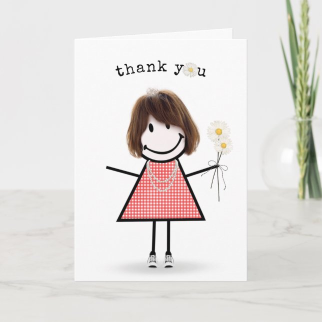 Thank You Stick Figure Girl with Daisies  Card (Front)