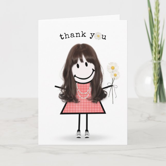 Thank You Stick Figure Girl with Daisies Card (Front)
