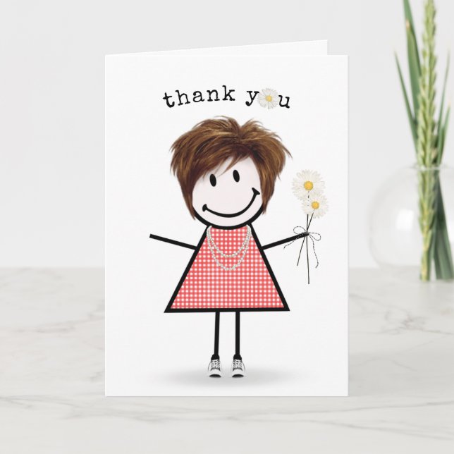 Thank You Stick Figure Girl with Daisies Card (Front)