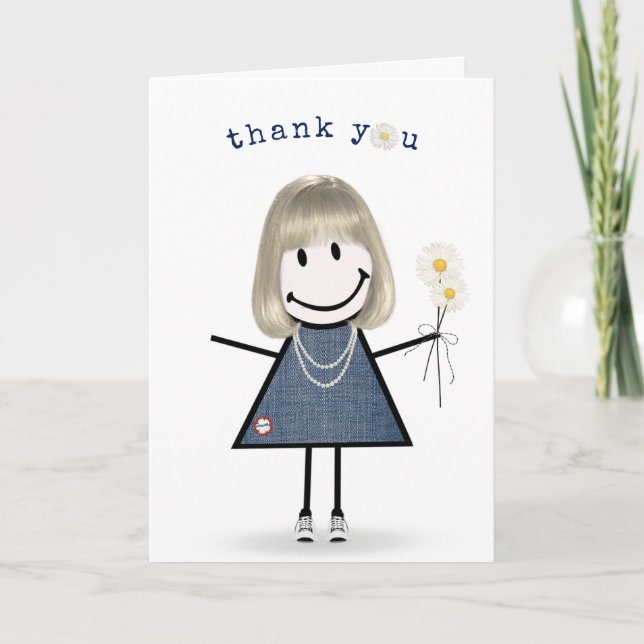 Thank You Stick Figure Girl with Daisies Card (Front)