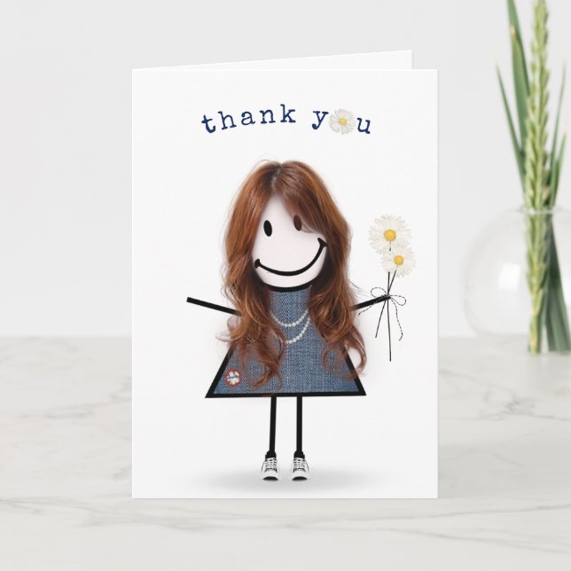 Thank You Stick Figure Girl with Daisies  Card (Front)