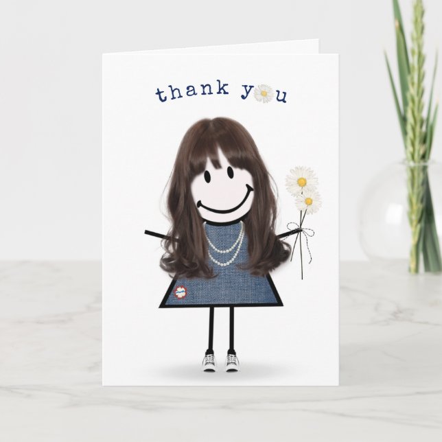 Thank You Stick Figure Girl with Daisies Card (Front)