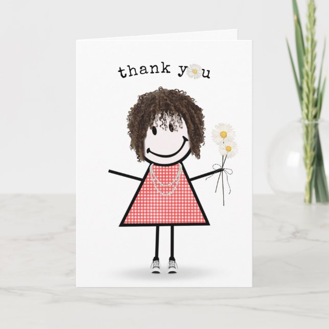 Thank You Stick Figure Girl with Daisies Card (Front)