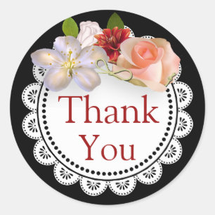 Thank You Stickers Black and Coral Floral Bouquet