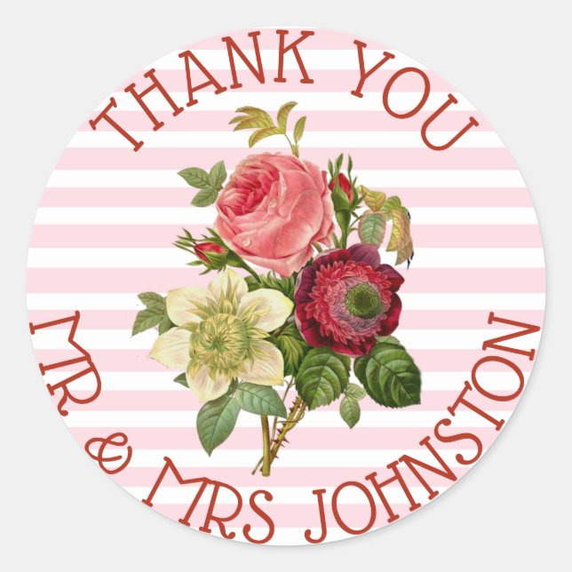 Thank You Stickers Wedding Bouquet Burgundy Roses (Front)