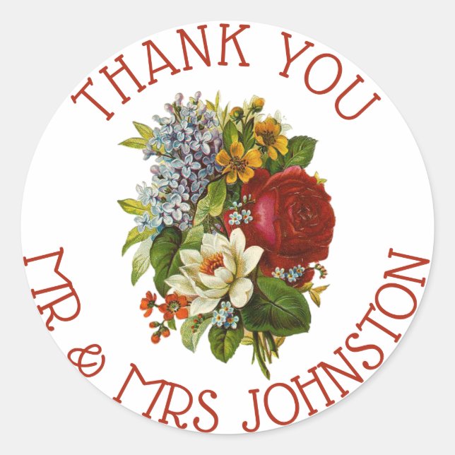 Thank You Stickers Wedding Bouquet Burgundy Roses (Front)