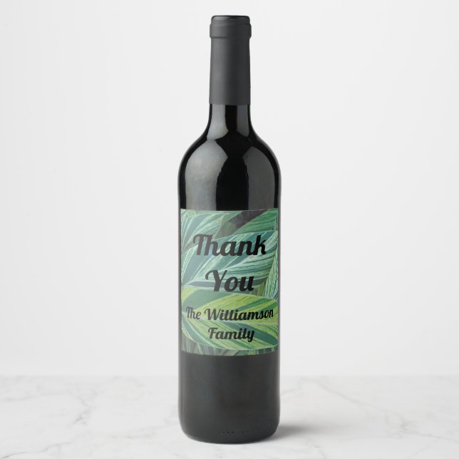 Thank You Striped Tropical Leaves Appreciation Wine Label (Front)