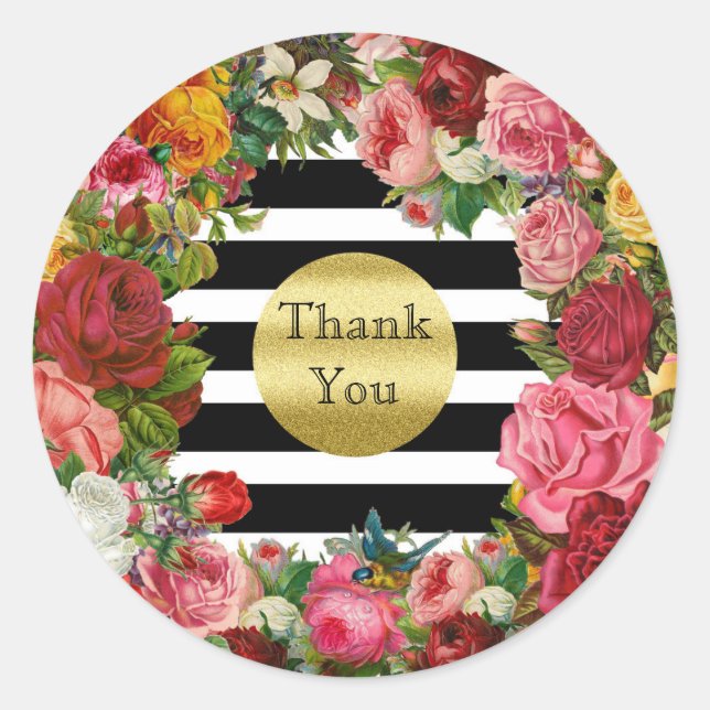 Thank You Stripes Roses Flowers Gold Glitter Trend Classic Round Sticker (Front)