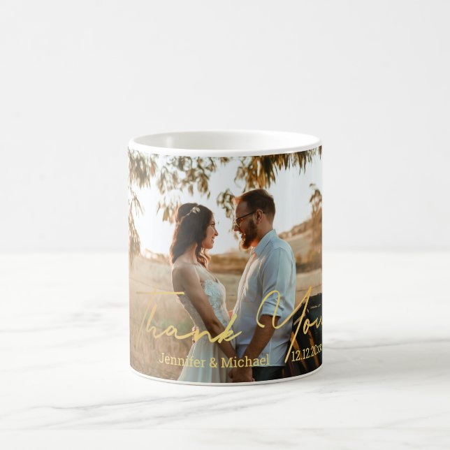 thank you,stylish gold handwriting wedding photo  coffee mug (Center)